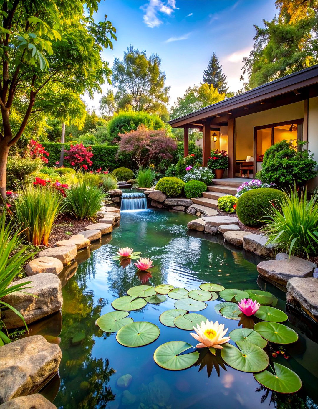 Water Feature Garden with Stream Elements - 25 Front Yard Landscaping Ideas