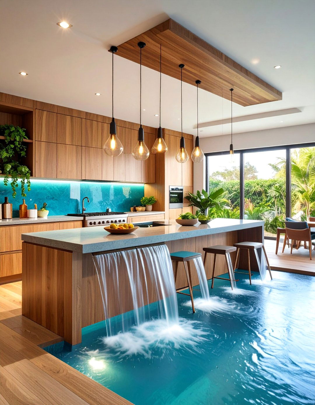 Water Feature Kitchen with Natural Sound Elements - 25 Natural Kitchen Design Ideas