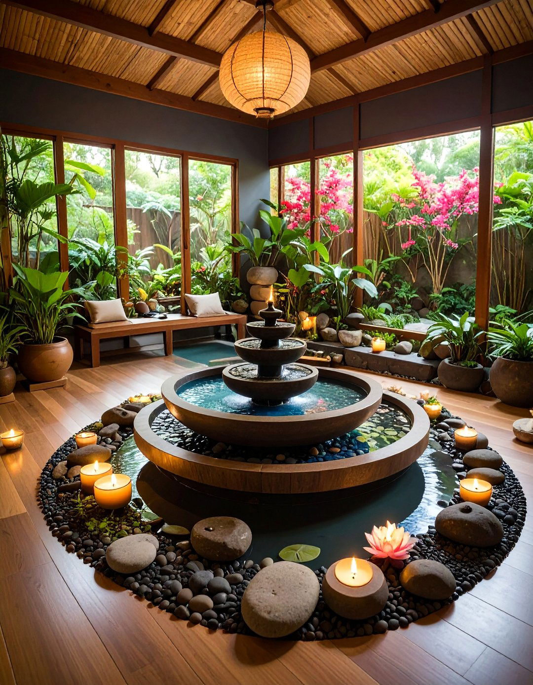 Water Feature Meditation Room with Flowing Sounds - 25 Boho Meditation Room Ideas