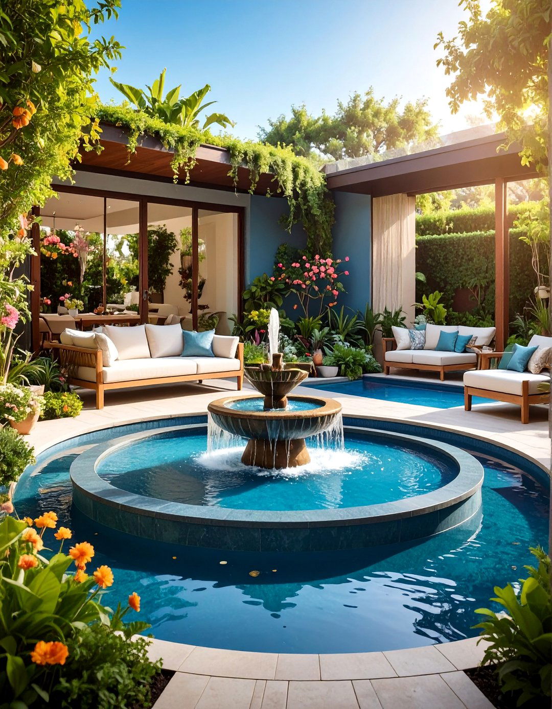 Water Feature Patio Garden with Aquatic Elements - 25 Patio Garden Ideas