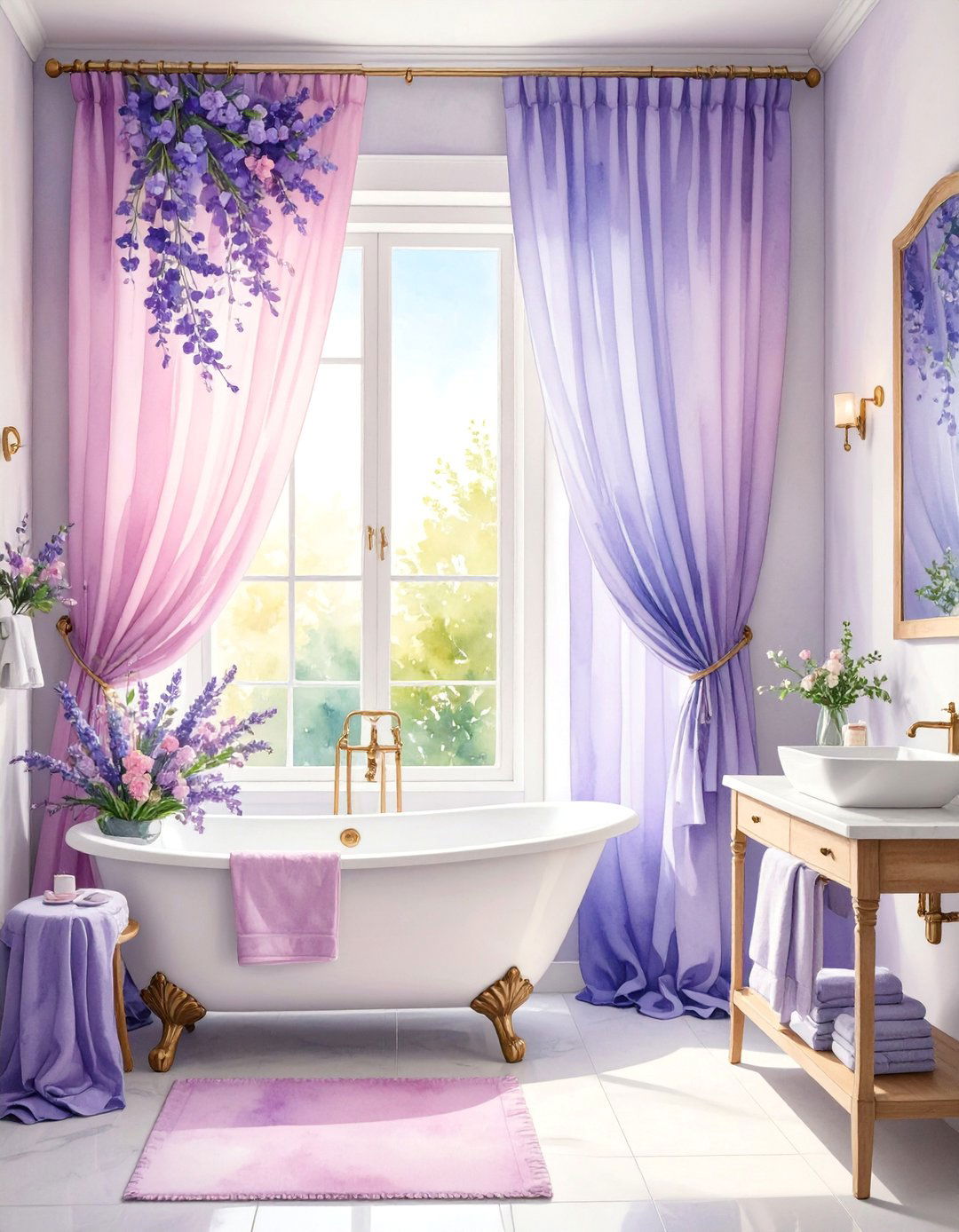 Watercolor Bathroom Curtains with Soft Artistic Appeal - 25 bathroom curtain ideas