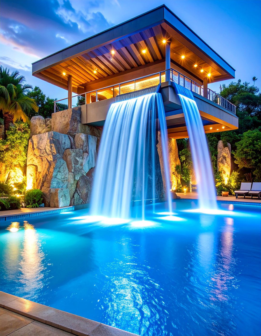 Waterfall Diving Board with Integrated Water Feature - 25 Small Pool Waterfall Ideas