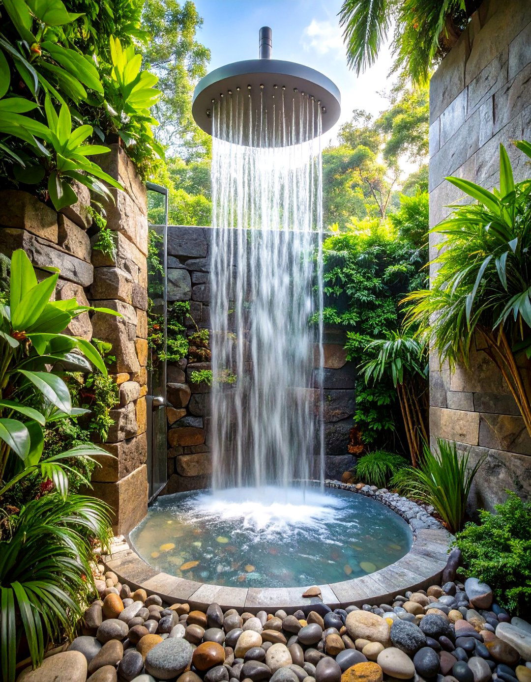 Waterfall Feature Shower with Natural Stone - 25 Luxury Shower Ideas