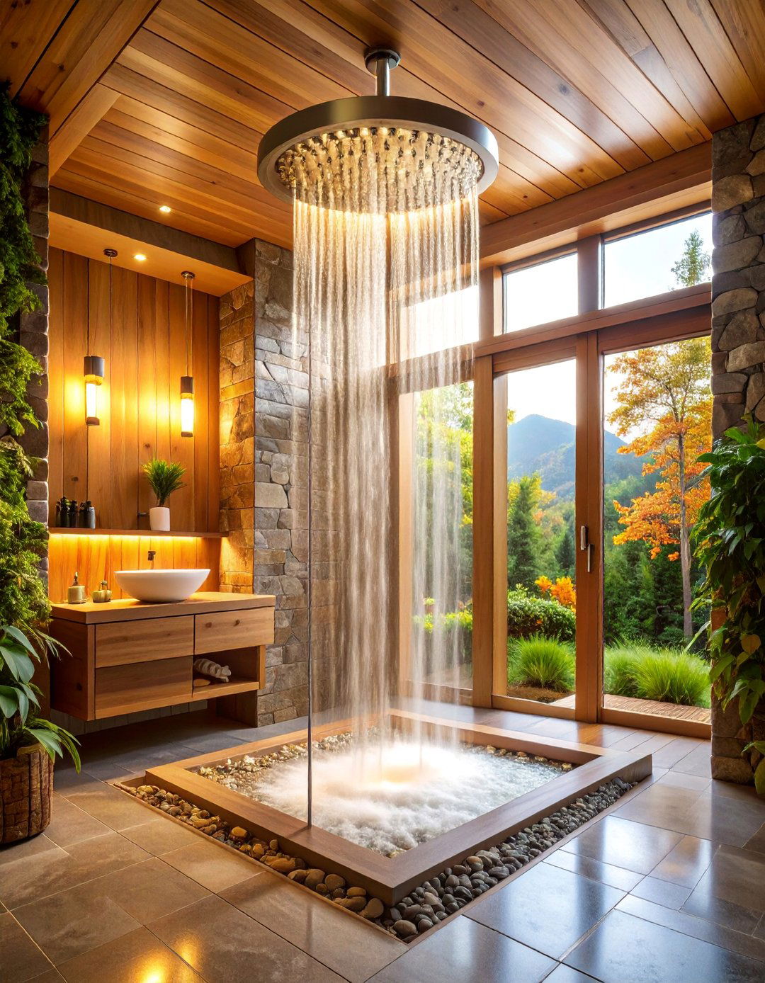 Waterfall Shower Feature Log Cabin Bathroom - 25 Log Cabin Bathroom Ideas