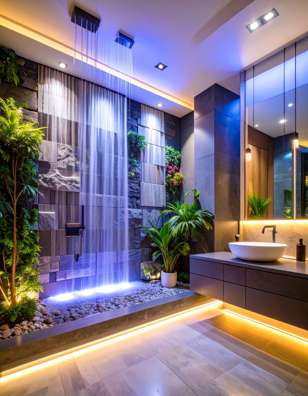Waterfall Stone Feature Wall with Natural Lighting - 25 Natural Bathroom Ideas