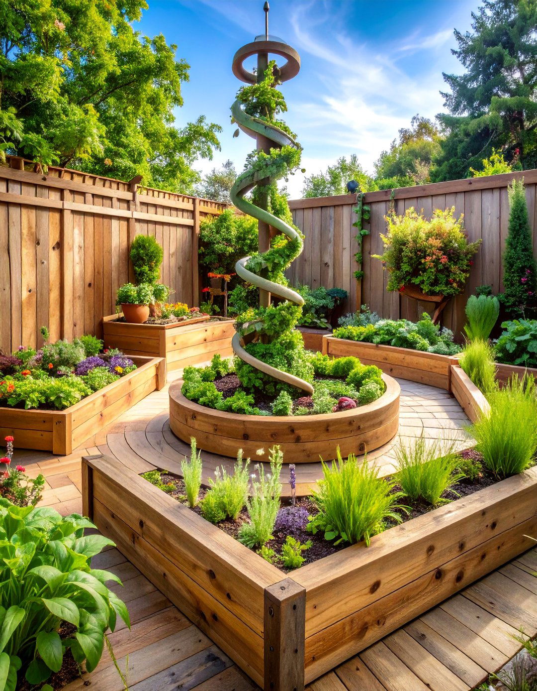 Weathered Barn Wood Raised Garden Beds with Herb Spiral - 25 Rustic Landscaping Ideas