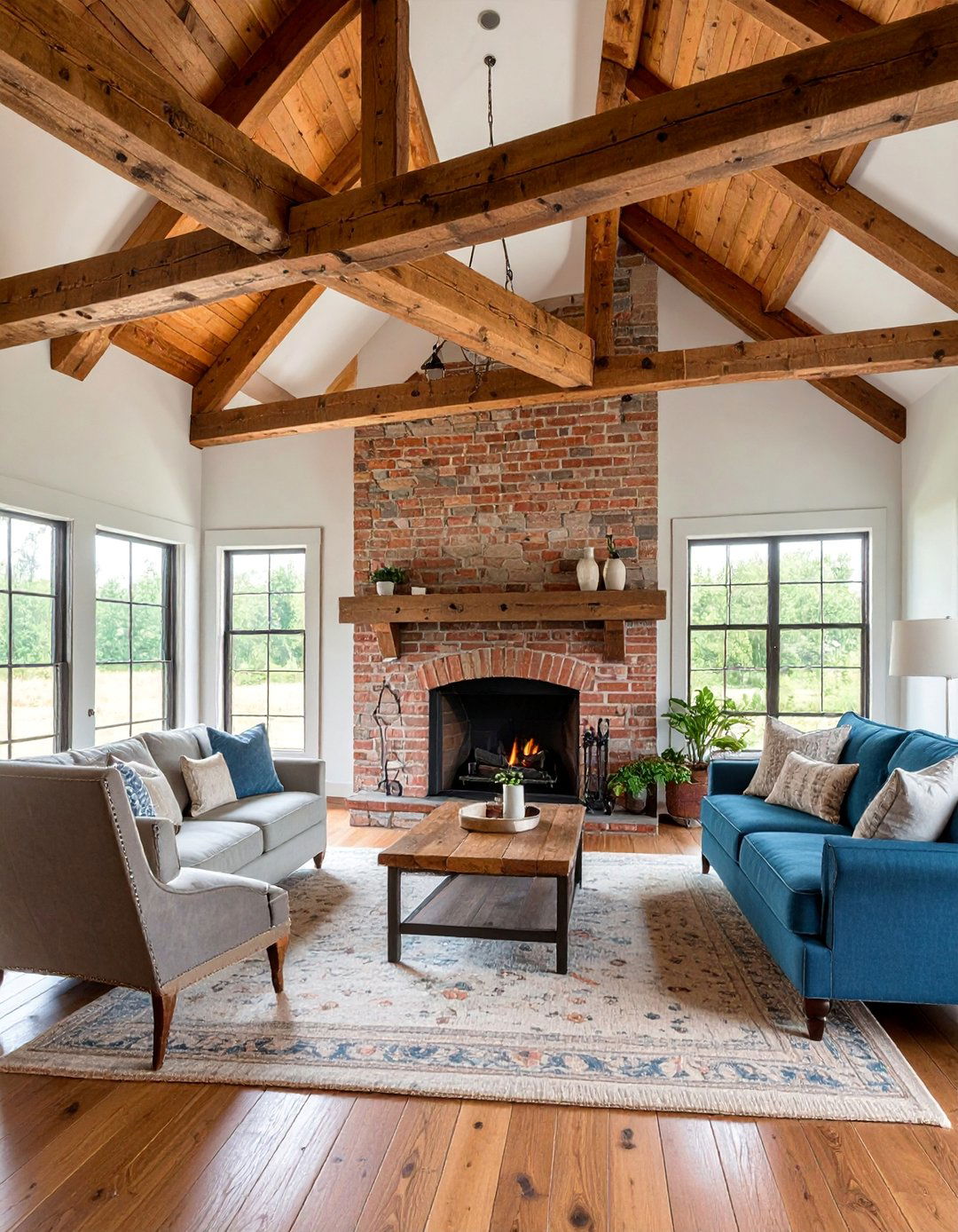 Weathered Brick Fireplace with Natural Wood Ceiling Beams - 25 Rustic Living Room With a Brick Fireplace Ideas