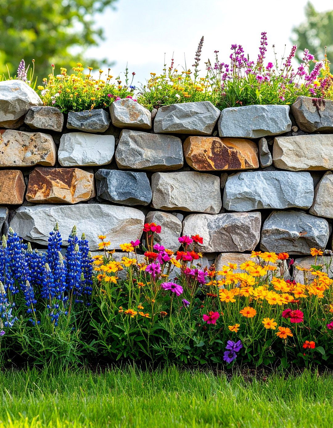 Weathered Fieldstone Wall with Wildflower Integration - 25 Natural Rock Retaining Wall Ideas