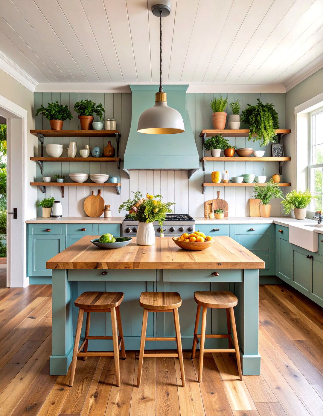 Weathered Gray Shiplap Island with Butcher Block and Open Shelving - 25 Kitchen Shiplap Ideas With Kitchen Island Ideas