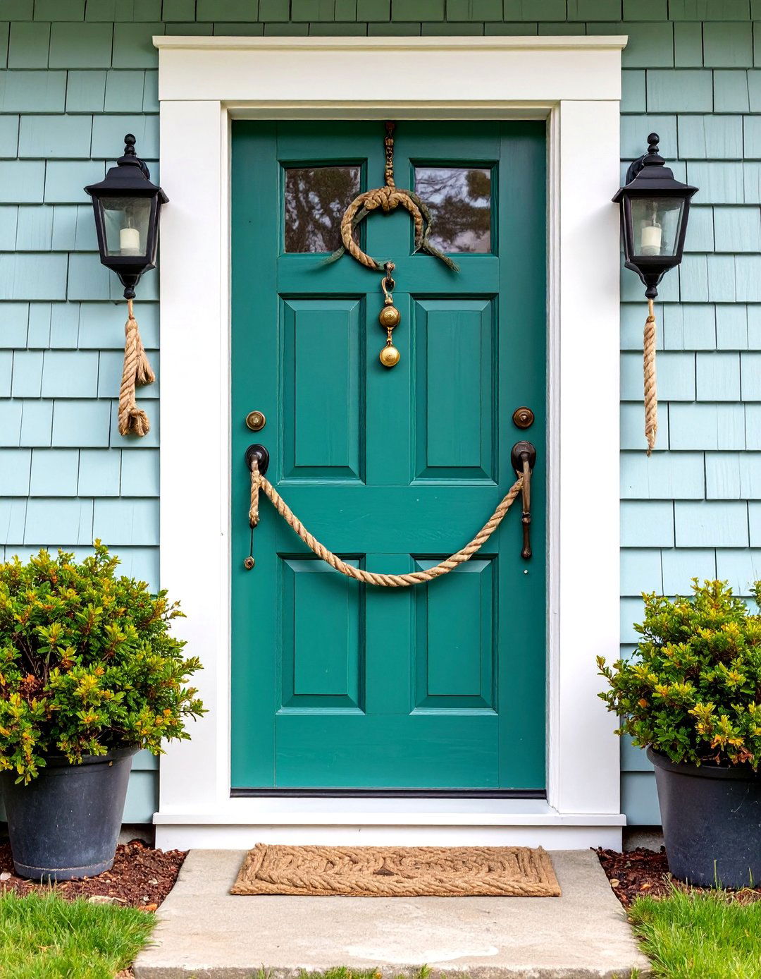 Weathered Olive Green Coastal Front Door with Rope Accents - 25 Olive Green Front Door Ideas