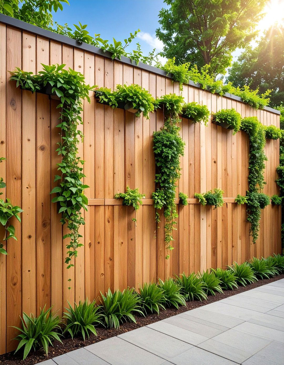 Weathered Wood Privacy Screen with Climbing Gardens