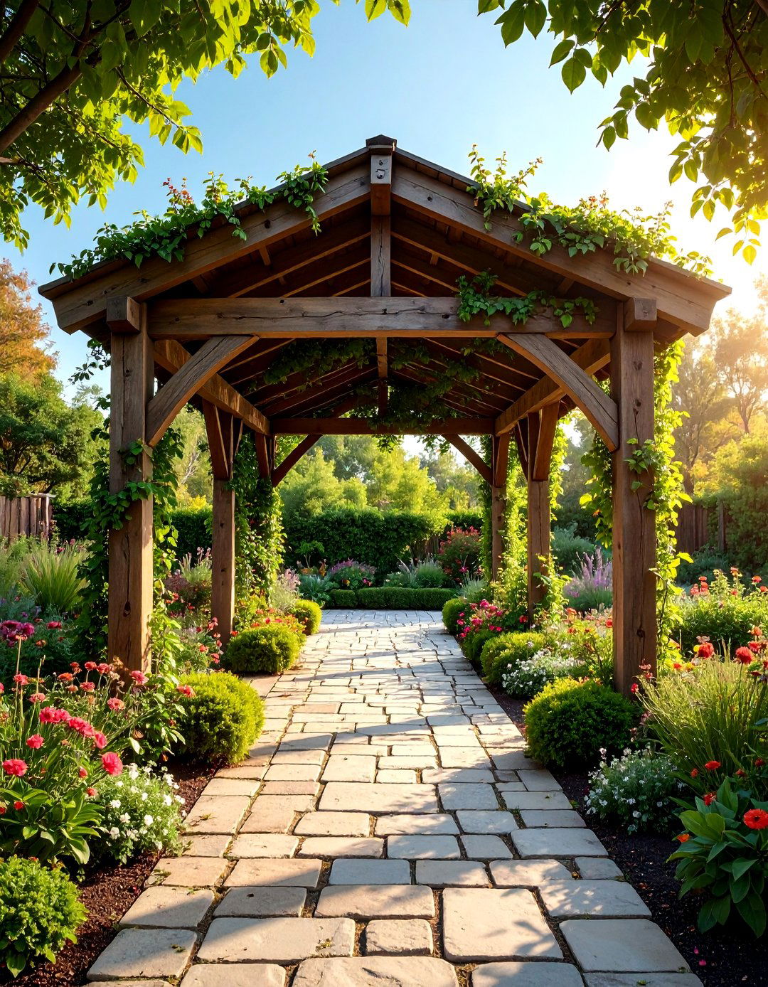 Weathered Wooden Arbor with Seasonal Plantings - 25 Rustic Landscaping Ideas