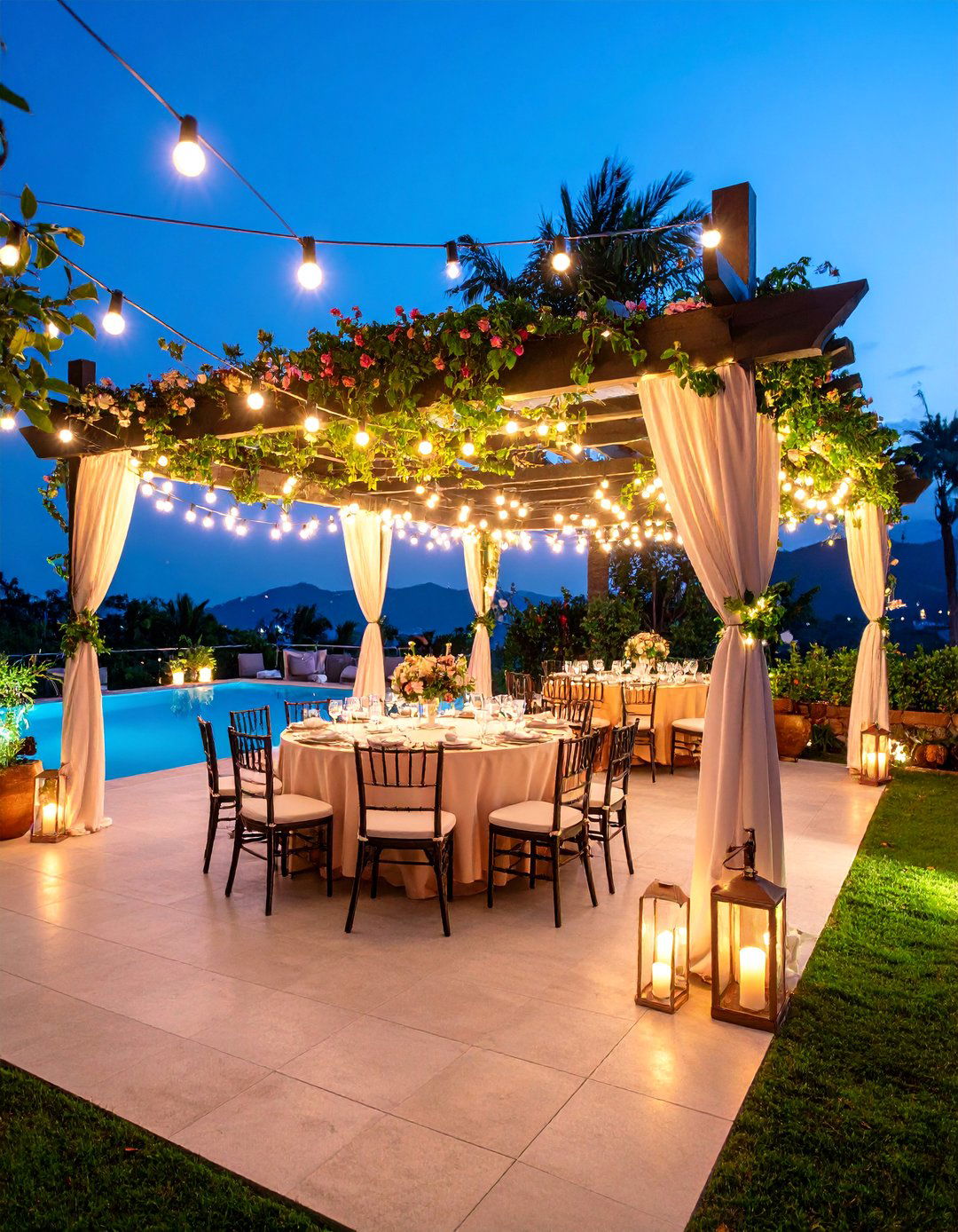 Wedding Reception Patio with Elegant Draped String Lights - 25 Patio String Light Ideas