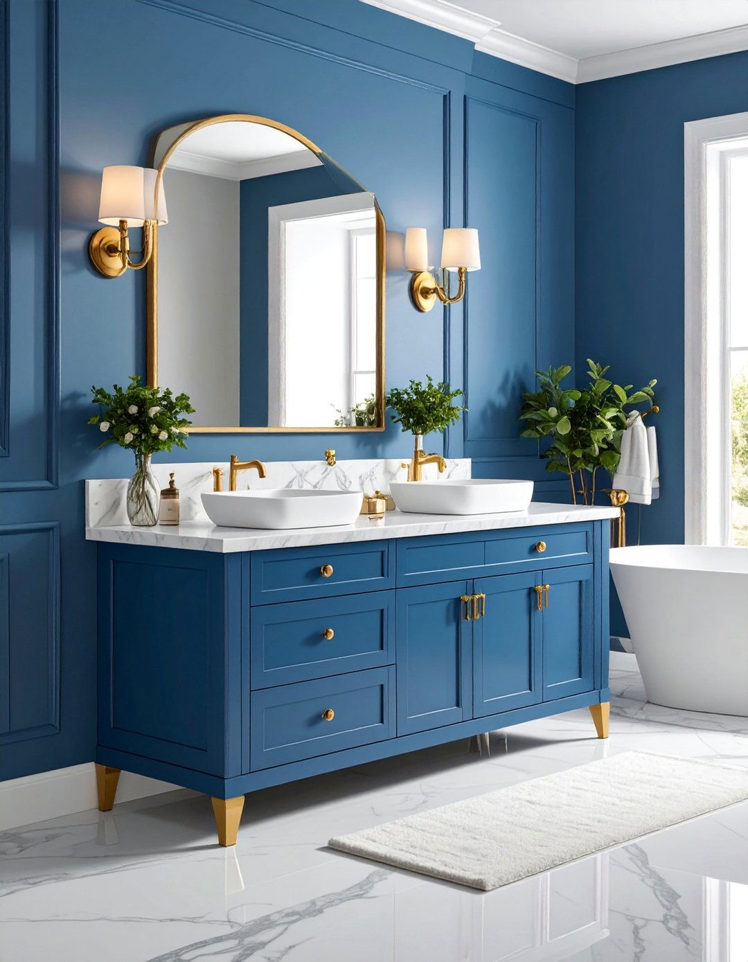 Wedgwood Blue Vanity with Brass and Marble - 25 Blue Bathroom Vanity Ideas