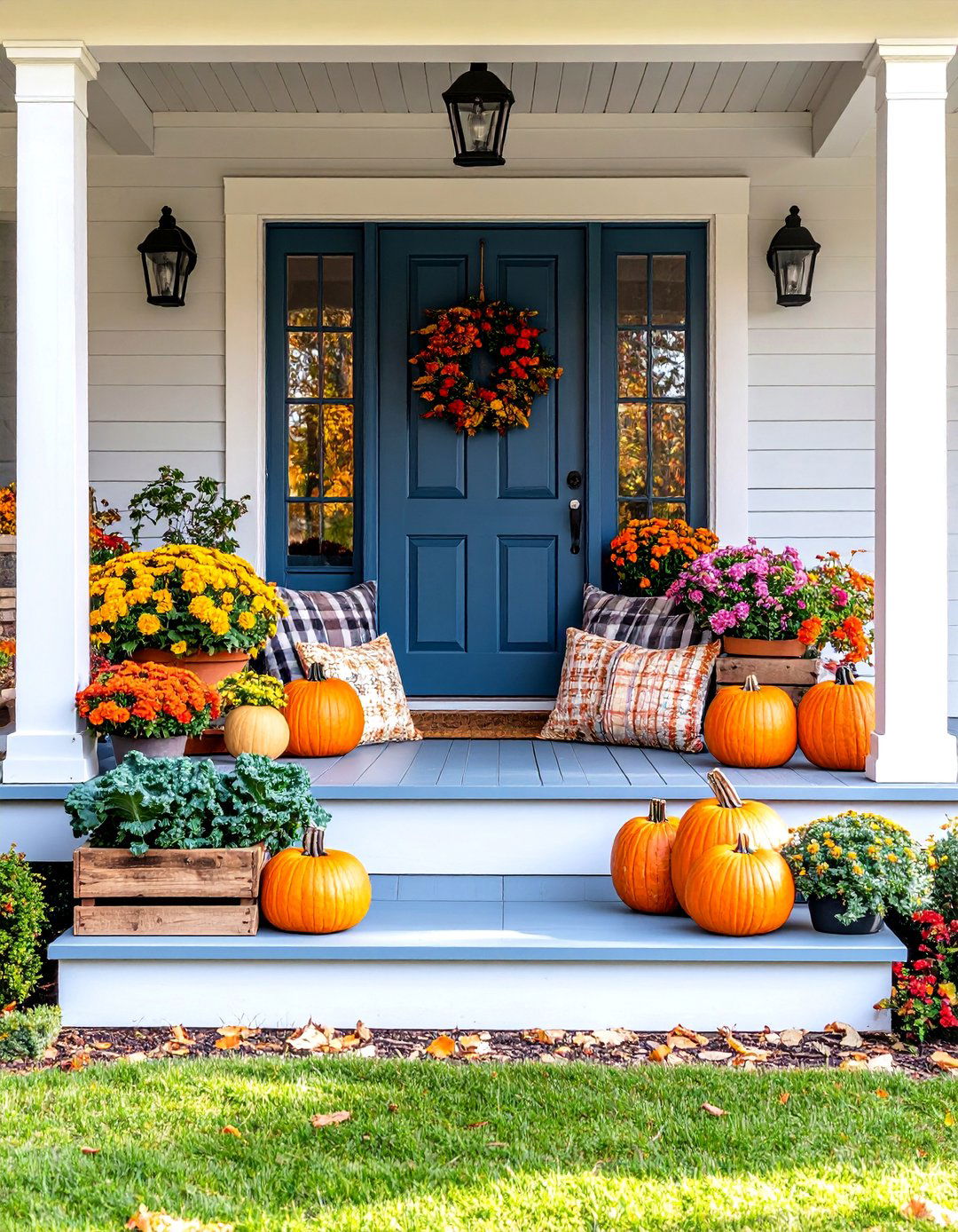 Welcoming Front Porch with Seasonal Container Gardens - 25 Fall Decor Ideas