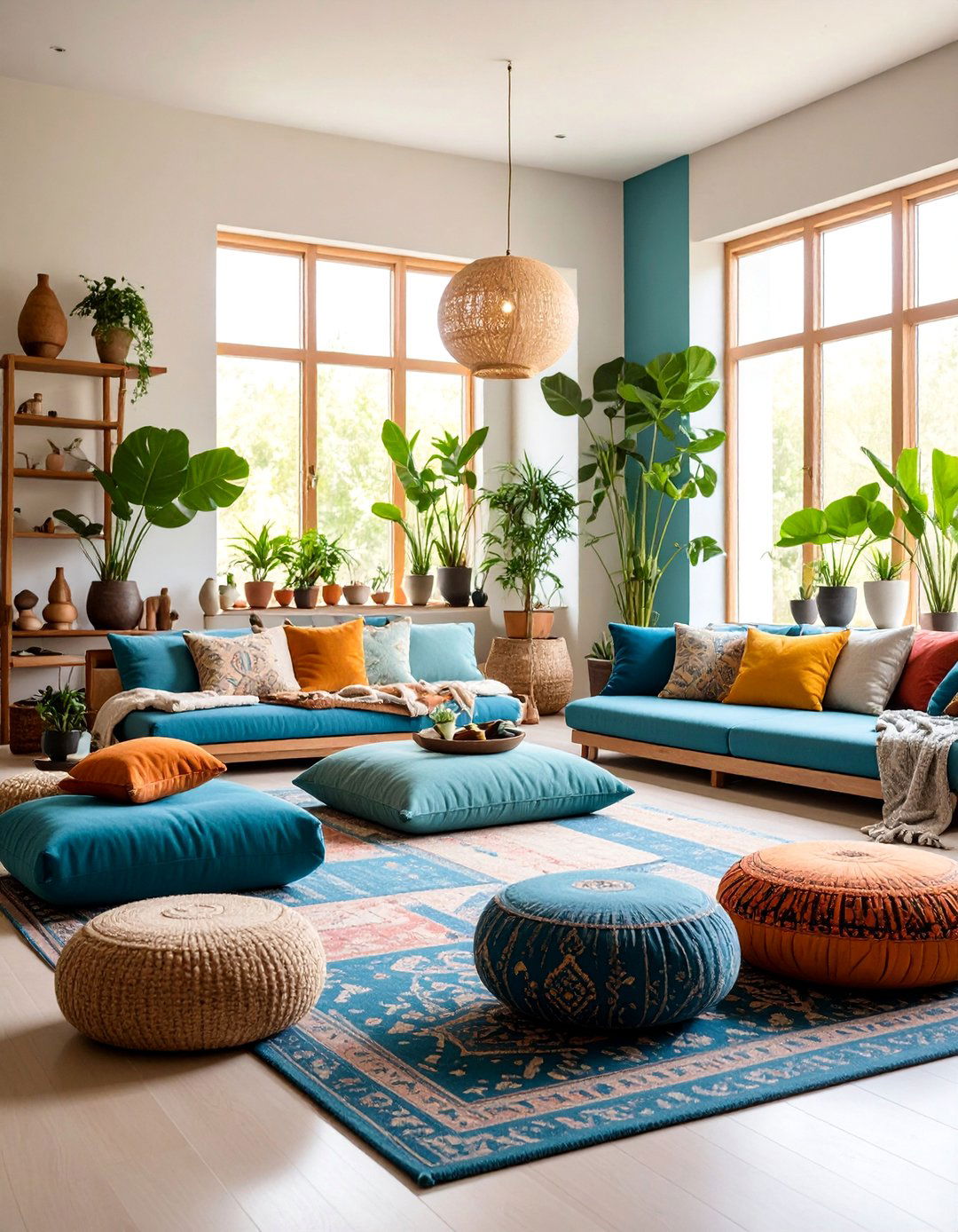 Wellness Focused Living Room with Meditation Corner and Natural Light - 25 Long Living Room Ideas