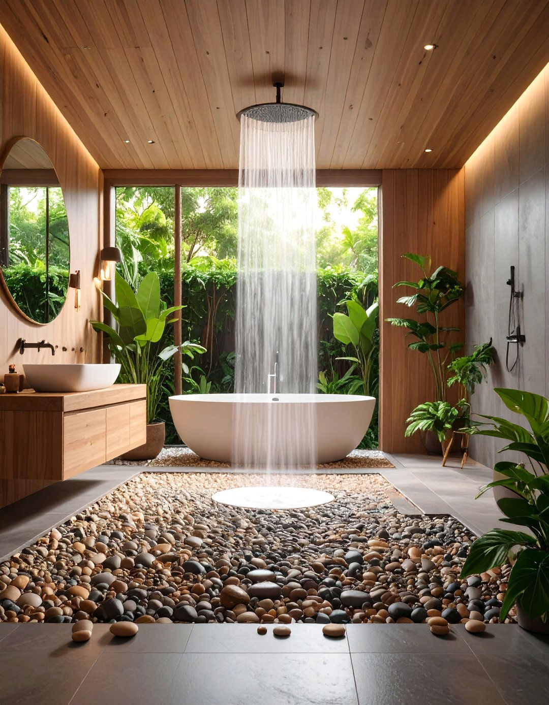 Wellness Sanctuary with Multi Tone Earth Pebble Floor - 25 Pebble Tile Bathroom Ideas