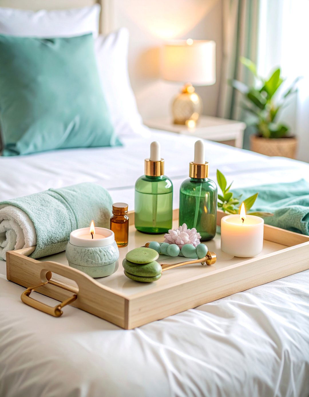 Wellness Spa Nightstand with Self Care Essentials - 25 Nightstand Decor Ideas