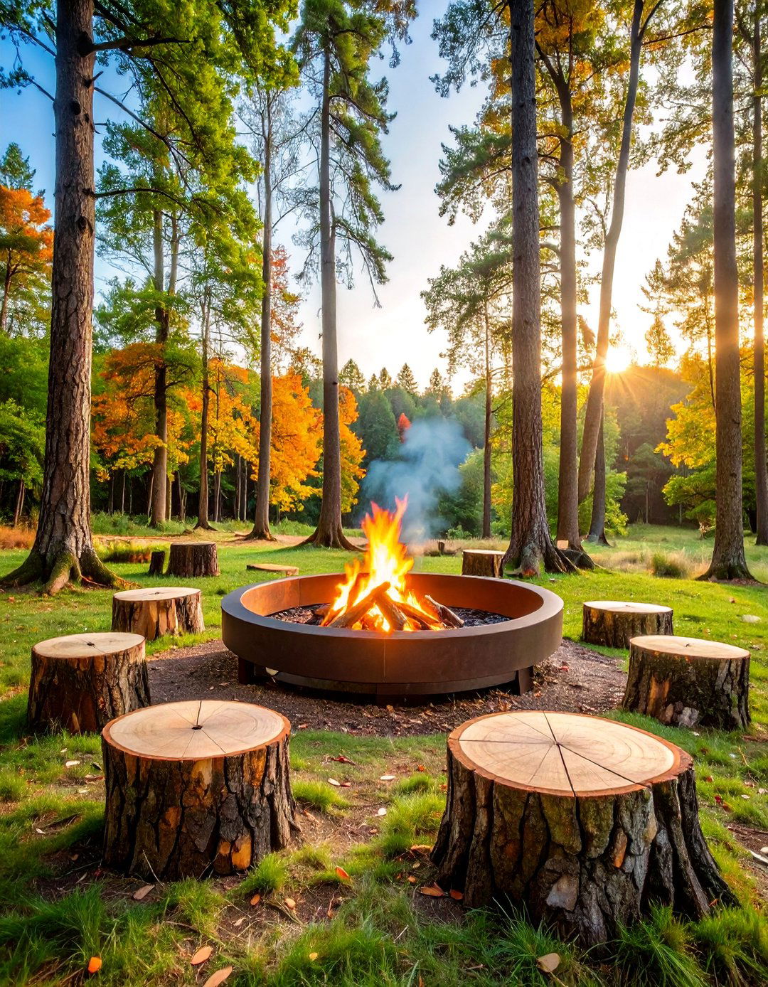 Wheel Rim Fire Ring with Tree Stump Seating - 25 Rustic Fire Pit Ideas