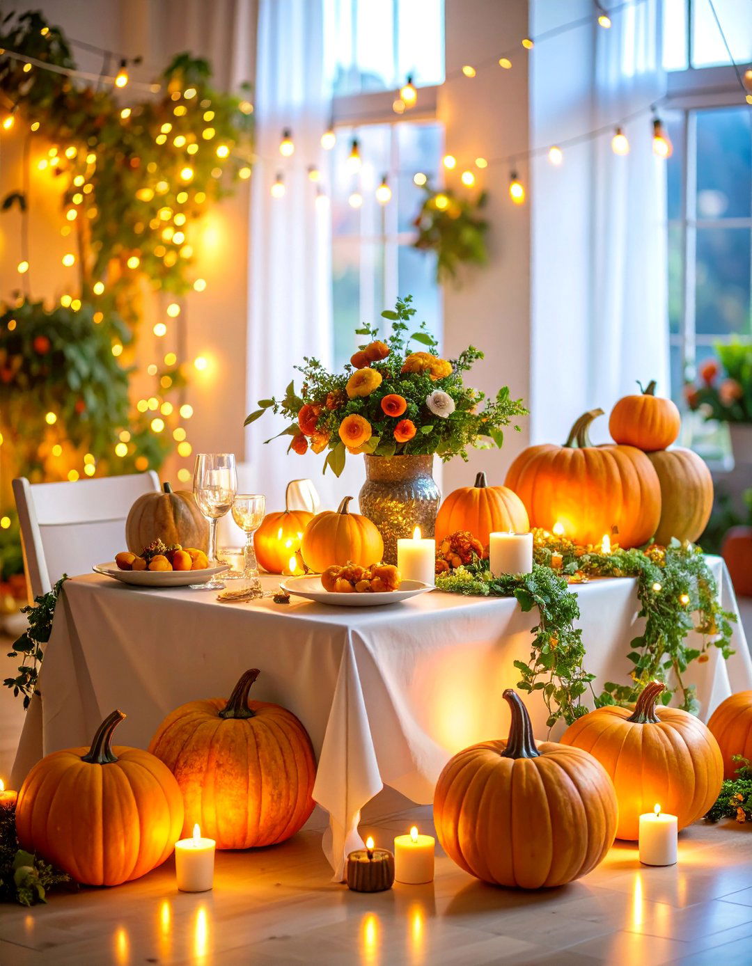 Whimsical Fairy Light Pumpkin Garden - 25 Thanksgiving Centerpiece Ideas