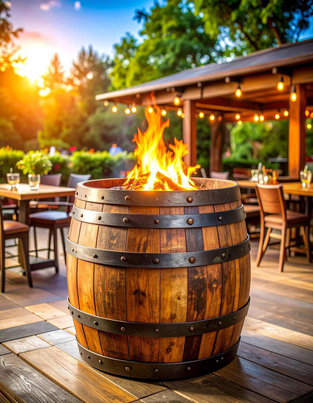 Whiskey Barrel Fire Pit with Rustic Pub Theme - 25 Rustic Fire Pit Ideas