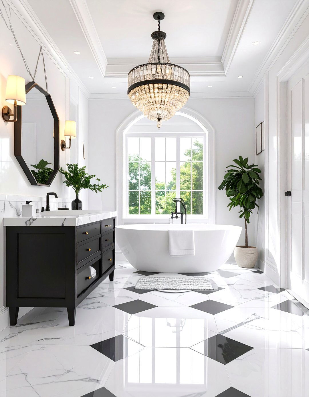 White Art Deco Bathroom with Black Accents - 25 Small White Bathroom Ideas