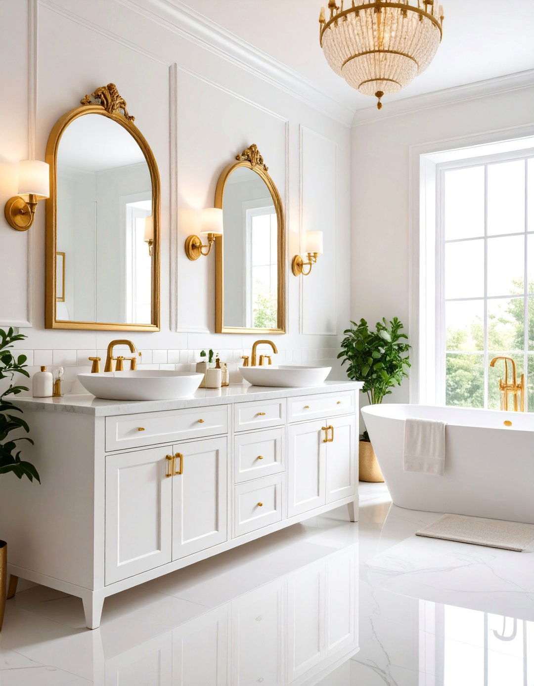 White Bathroom with Brass Hardware Elegance - 25 White Bathroom Ideas