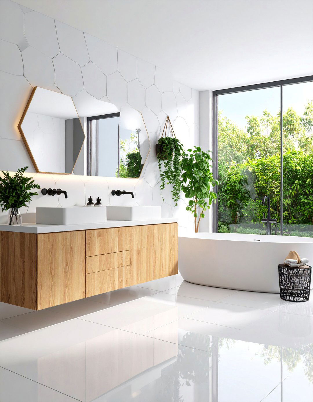 White Bathroom with Geometric Tile Patterns - 25 White Bathroom Ideas