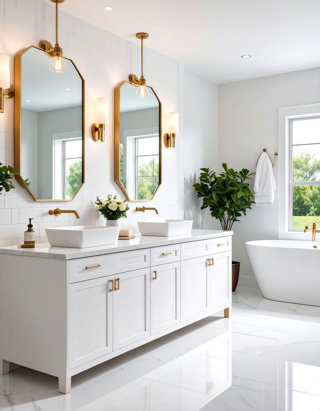 White Bathroom with Mixed Metal Finishes - 25 White Bathroom Ideas