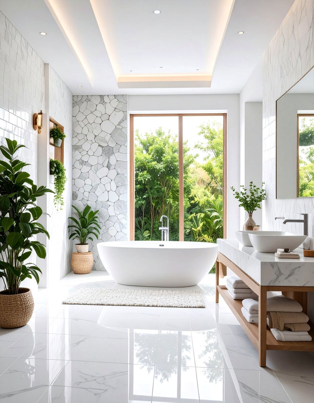 White Bathroom with Natural Stone Accents - 25 White Bathroom Ideas