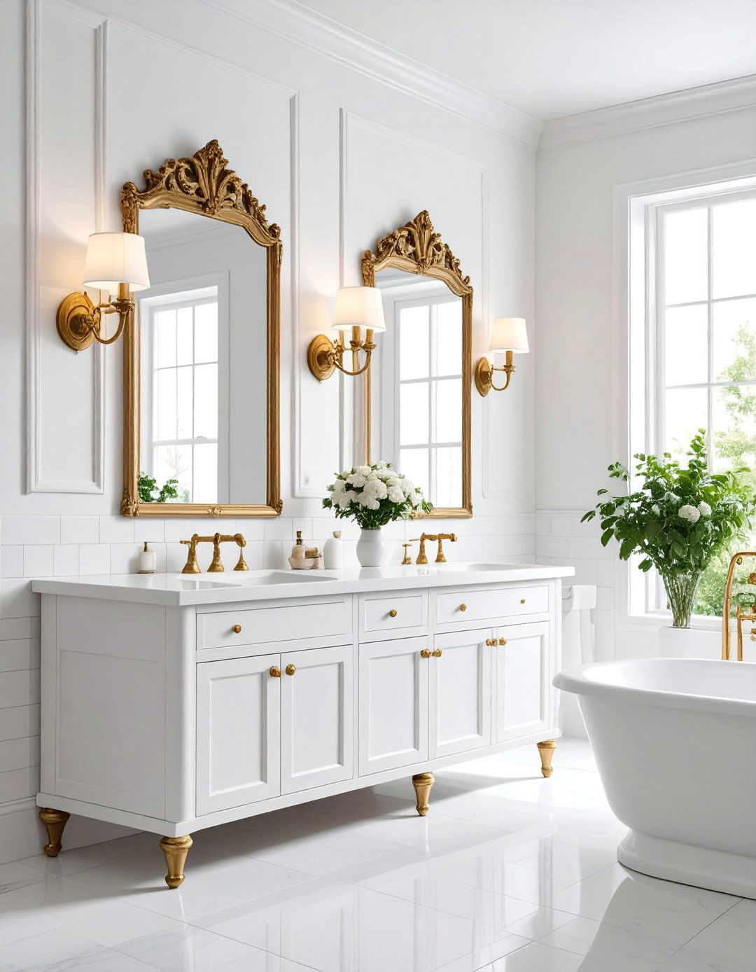 White Bathroom with Vintage Lighting Fixtures - 25 White Bathroom Ideas