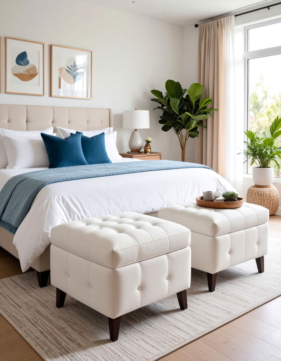White Bedroom with Ottoman Storage Seating - 25 Small White Bedroom Ideas