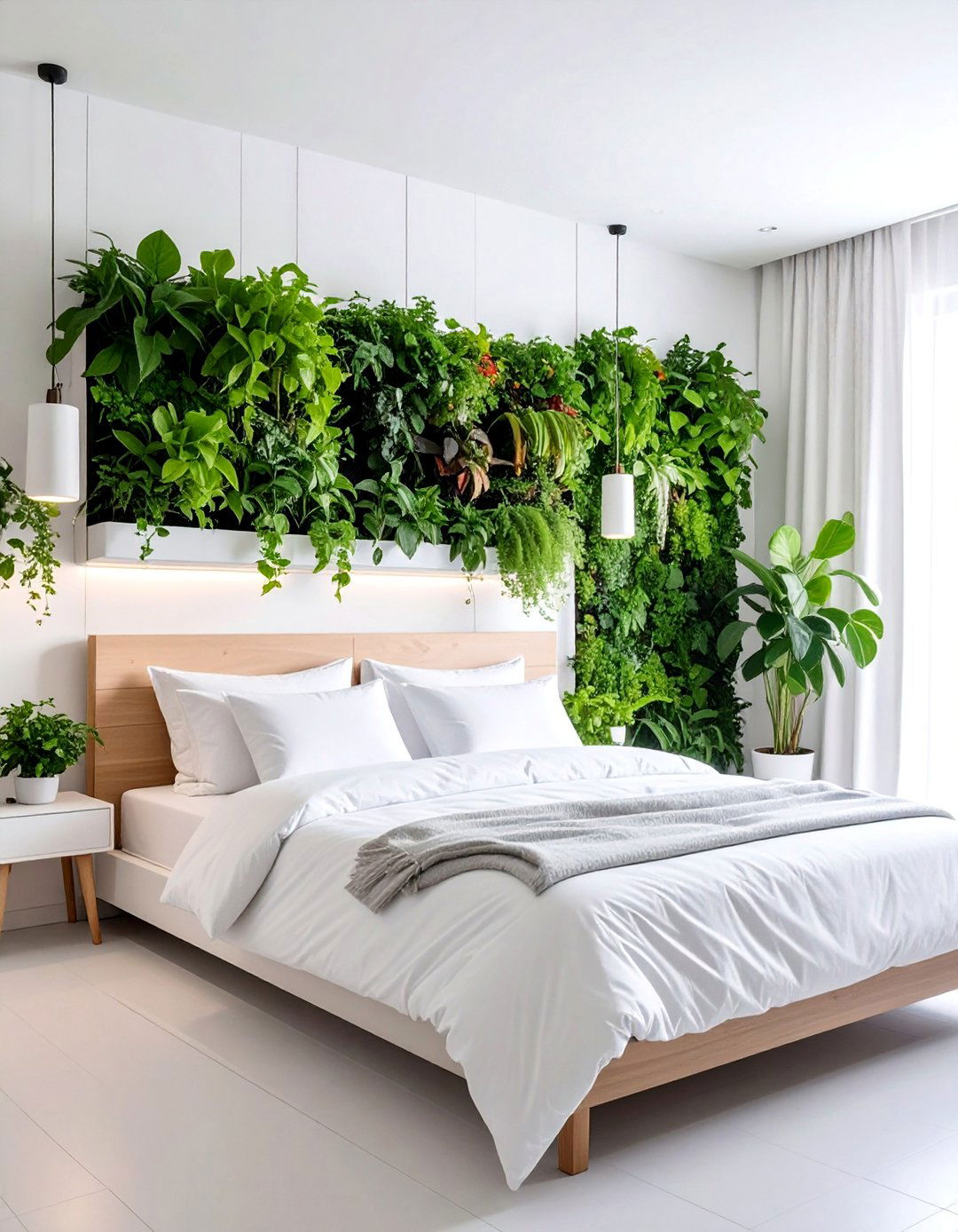 White Bedroom with Vertical Garden Wall Features - 25 Small White Bedroom Ideas