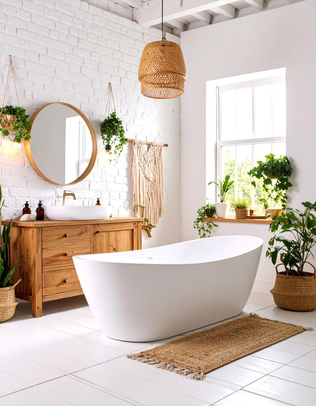 White Bohemian Bathroom with Textured Walls - 25 Small White Bathroom Ideas