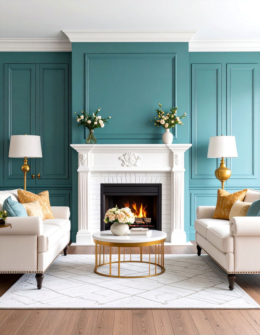 White Brick Fireplace with Dark Wood Built ins and Brass Accents - 25 White Brick Fireplace Ideas