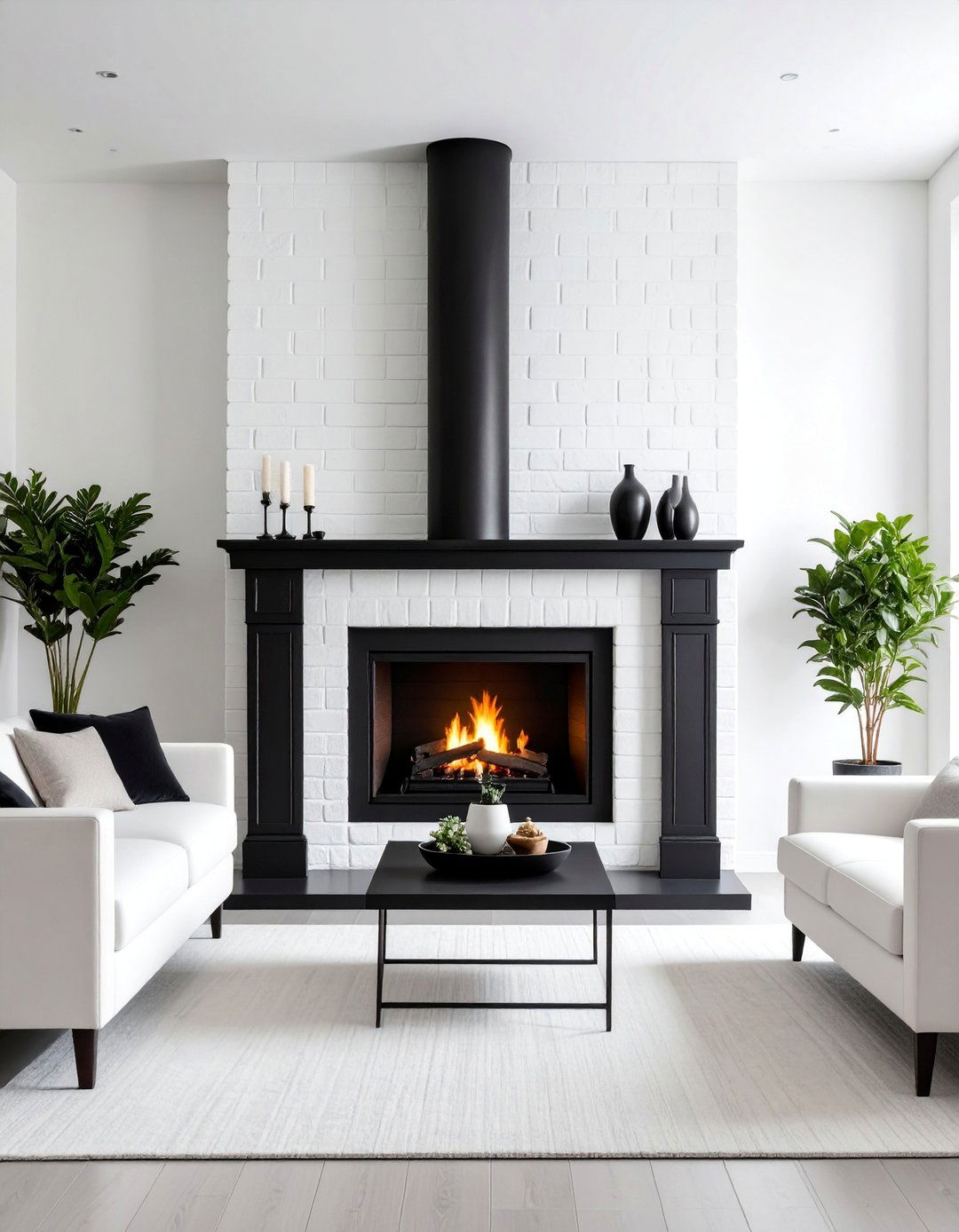 White Brick Fireplace with Dramatic Black Accents - 25 White Brick Fireplace Ideas