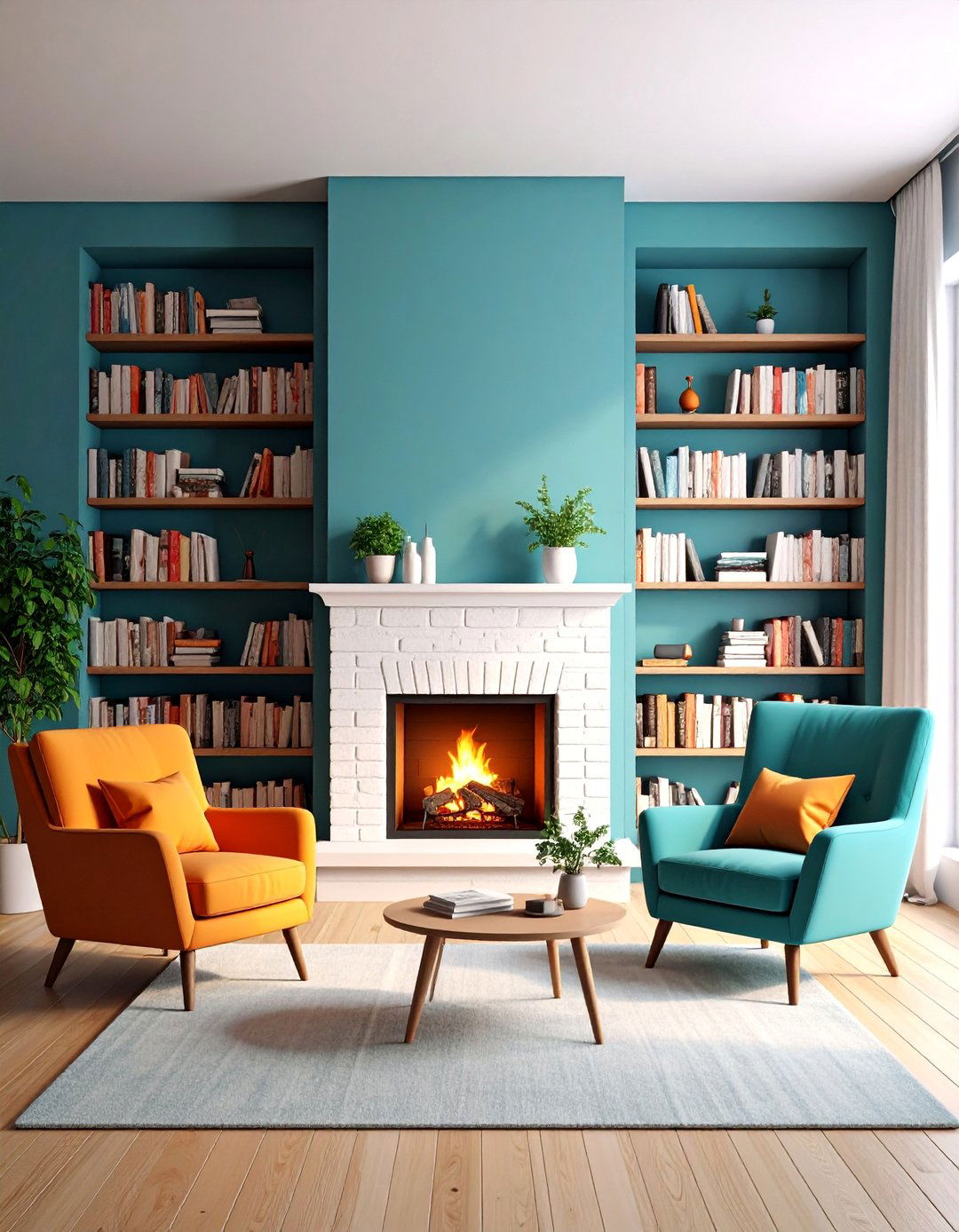 White Brick Fireplace with Integrated Bookshelves and Reading Nook - 25 White Brick Fireplace Ideas