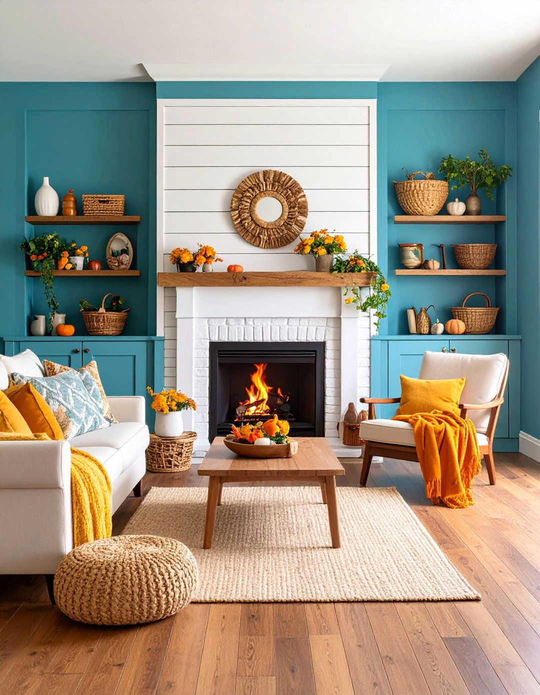 White Brick Fireplace with Shiplap Accent Wall - 25 White Brick Fireplace Ideas
