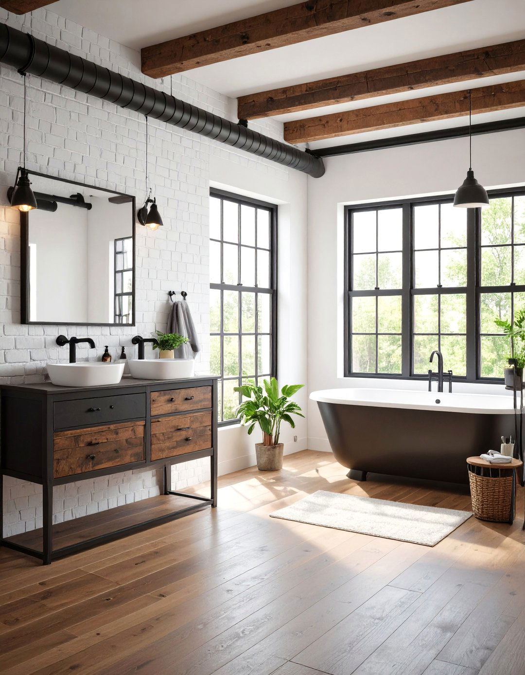 White Brick Wall with Black Accents Industrial Chic - 25 Black and White Powder Room Ideas