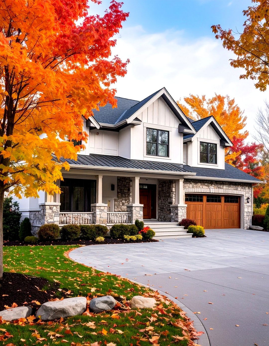 White Brick with Natural Stone Accents - 25 Exterior Brick and Paint Color Combinations