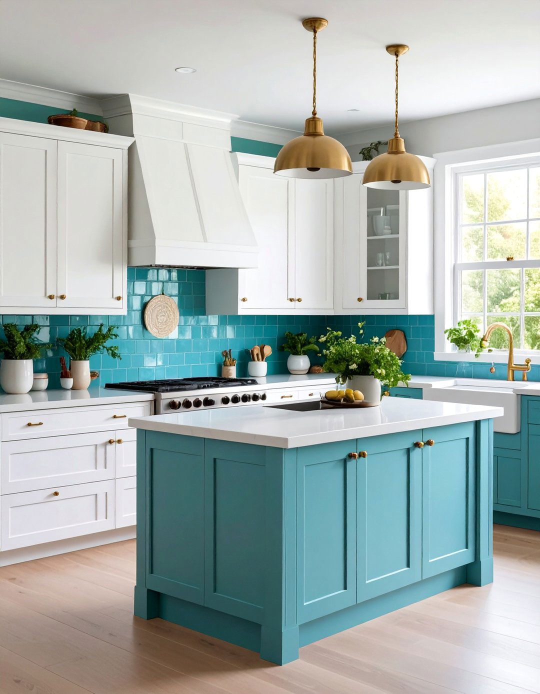 White Cabinets with Teal Subway Tile Backsplash - 25 Teal and White Kitchen Ideas