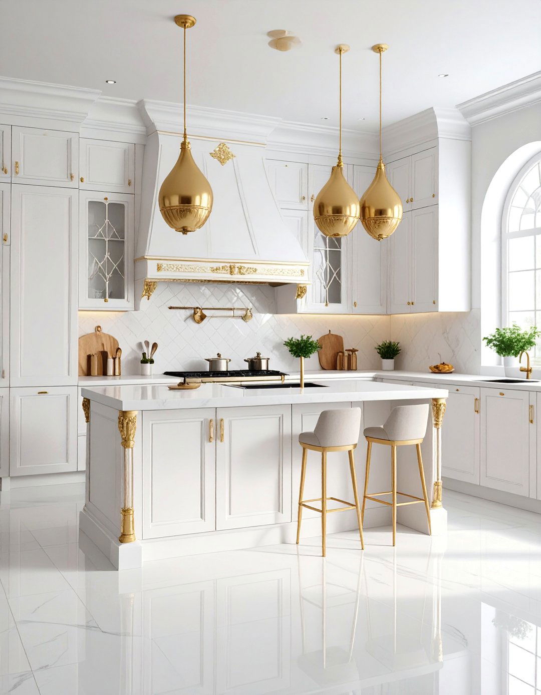 White Ceramic Arabesque with Gold Accents - 25 White and Gold Kitchen Backsplash Ideas
