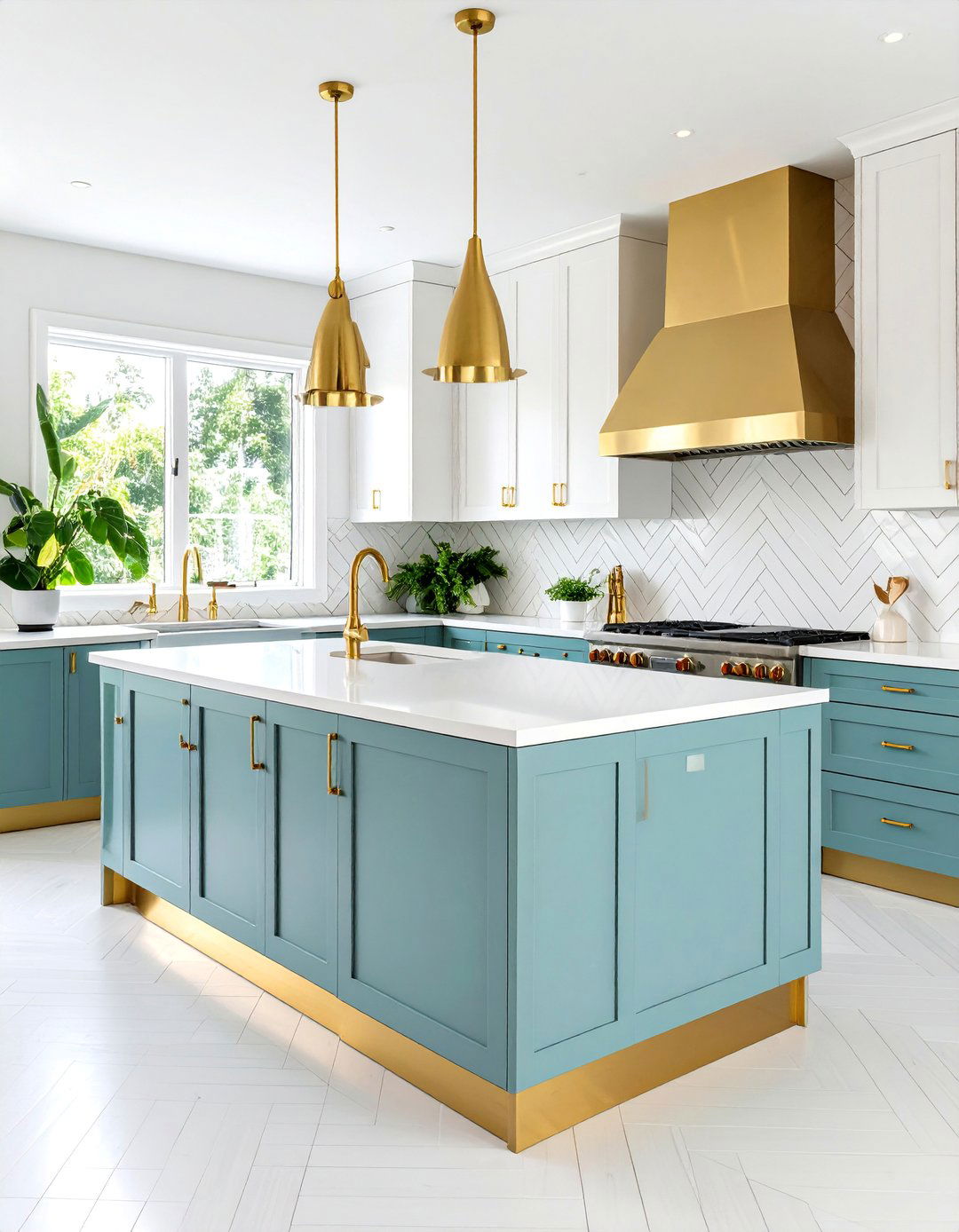 White Ceramic Chevron with Brass Trim - 25 White and Gold Kitchen Backsplash Ideas