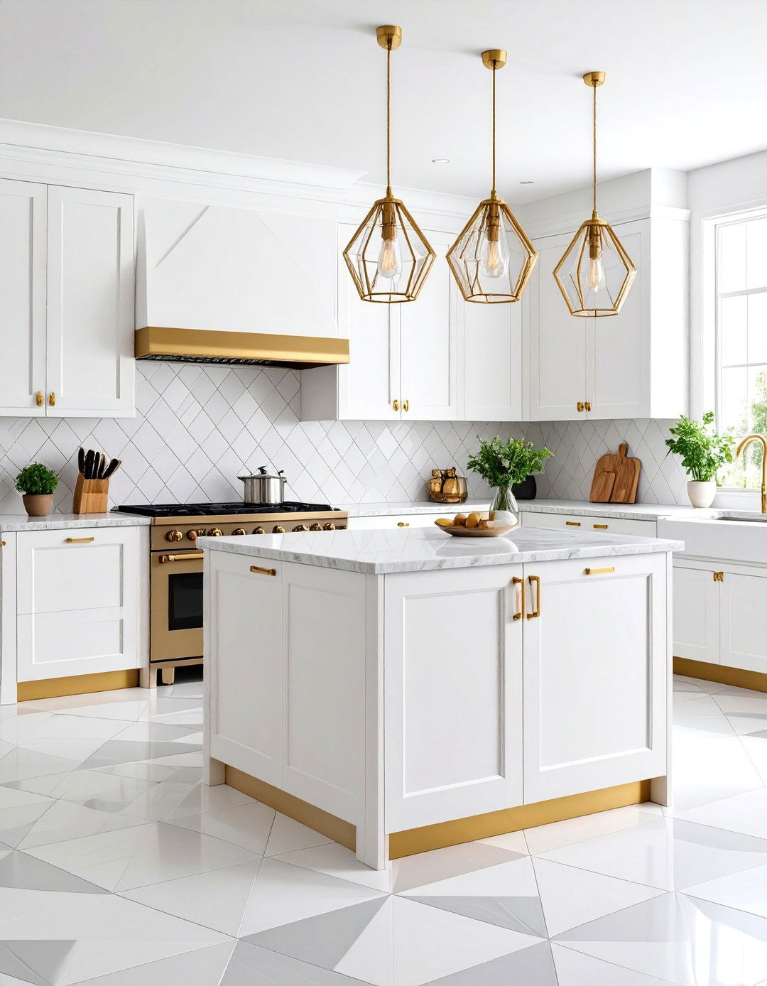 White Ceramic Diamond with Brass Details - 25 White and Gold Kitchen Backsplash Ideas