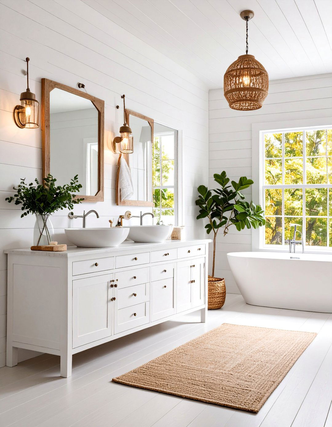 White Coastal Bathroom with Shiplap Walls - 25 Small White Bathroom Ideas