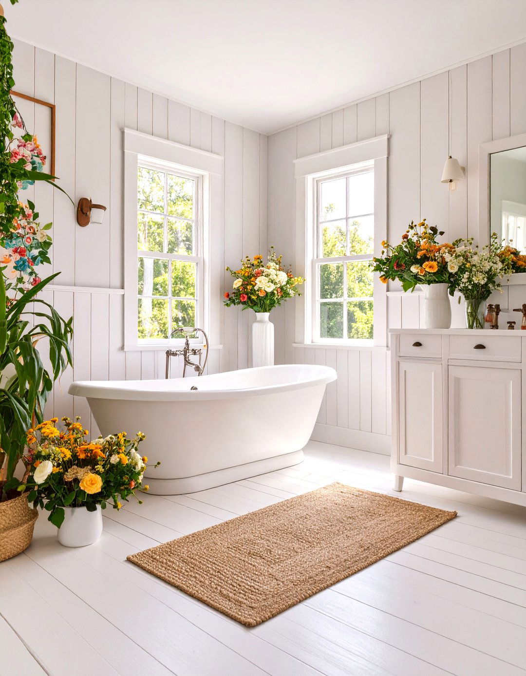 White Cottage Bathroom with Floral Accents - 25 Small White Bathroom Ideas