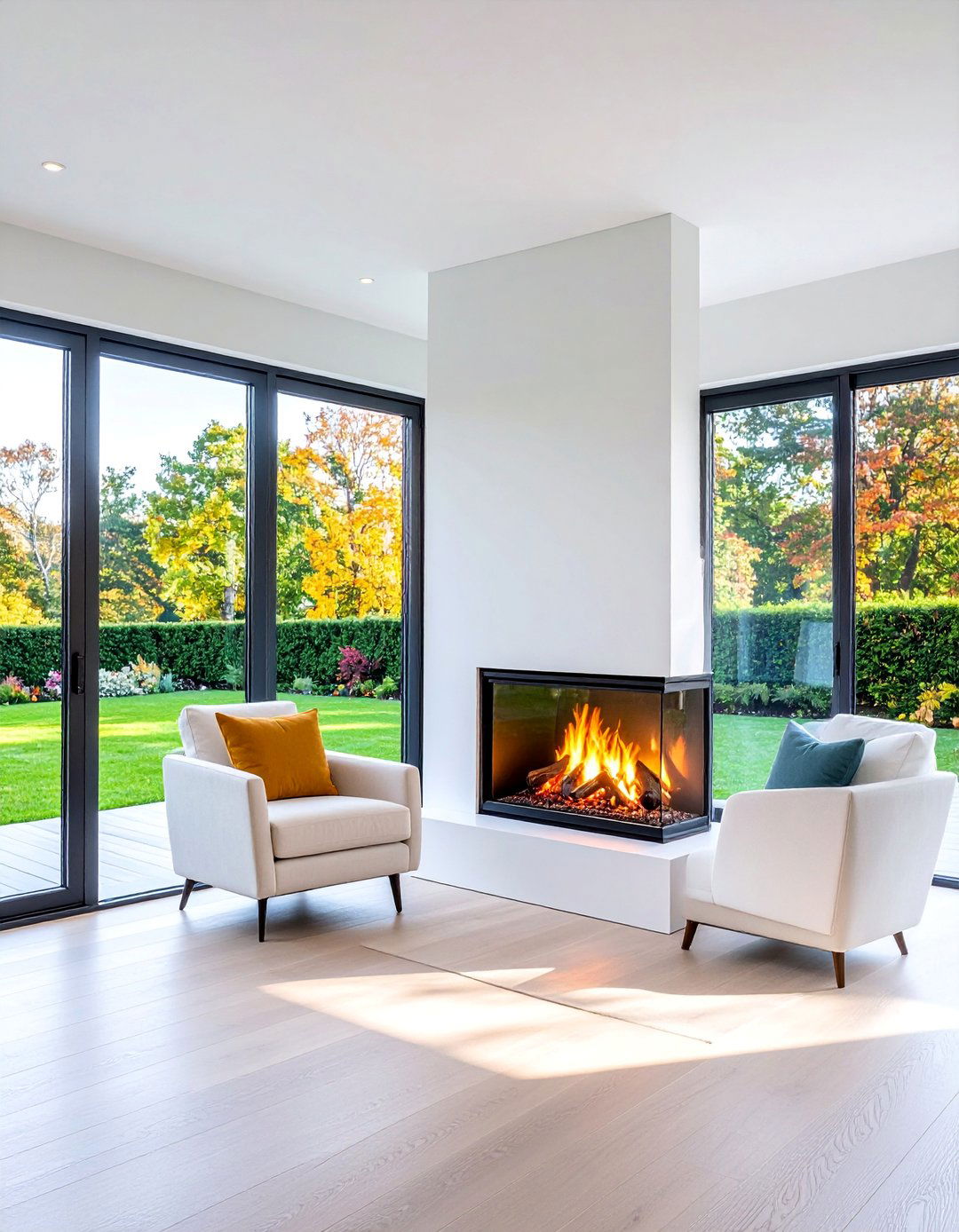 White Double Sided Fireplace Connecting Adjacent Living Spaces - 25 White Fireplace Ideas
