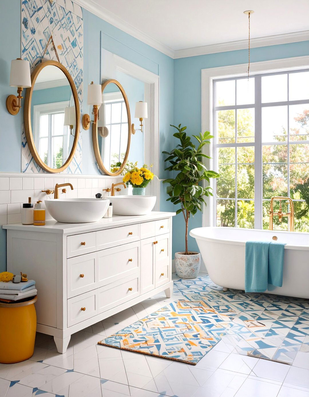 White Eclectic Bathroom with Mixed Patterns - 25 Small White Bathroom Ideas