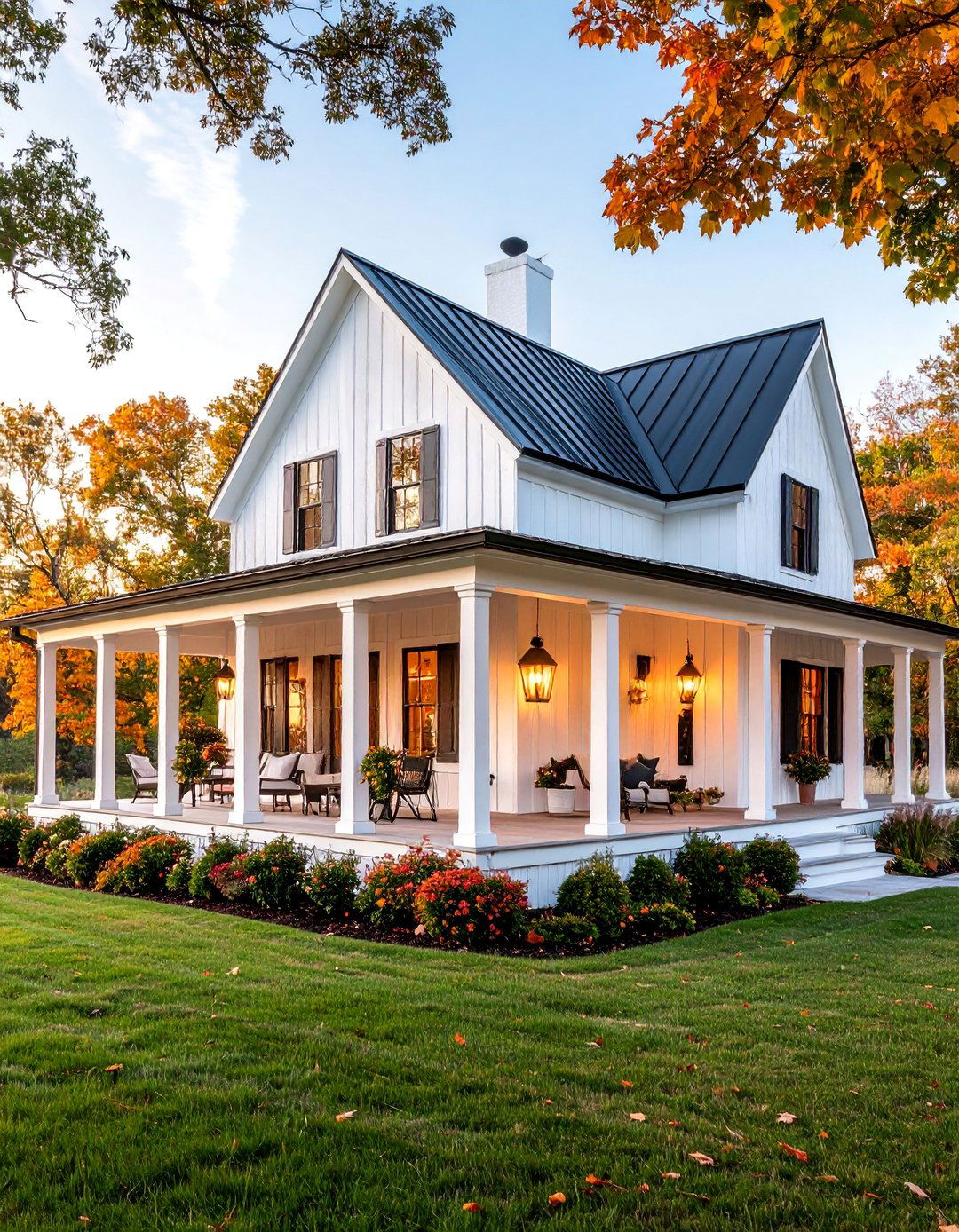 White Farmhouse with Black Metal Roof and Extended Wrap Around Porch - 25 White Farmhouse With Wrap-around Porch Ideas
