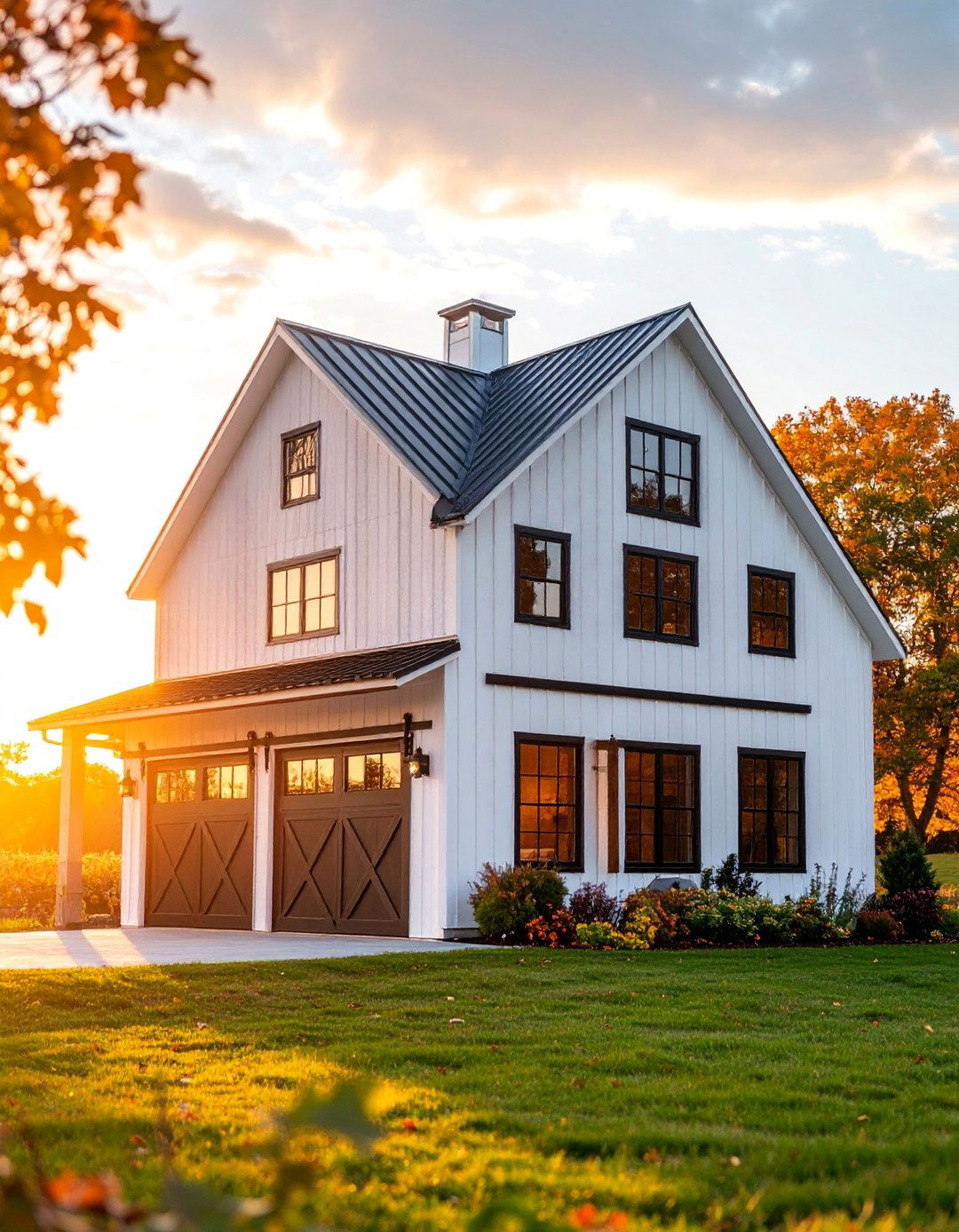 White Farmhouse with Black Windows and Barn Door Features - 25 White Farmhouse With Black Windows Ideas